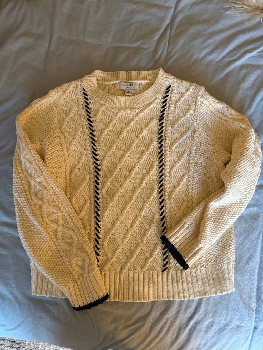 La Ligne Cream Cable-Knit Crewneck Sweater with Black Trim